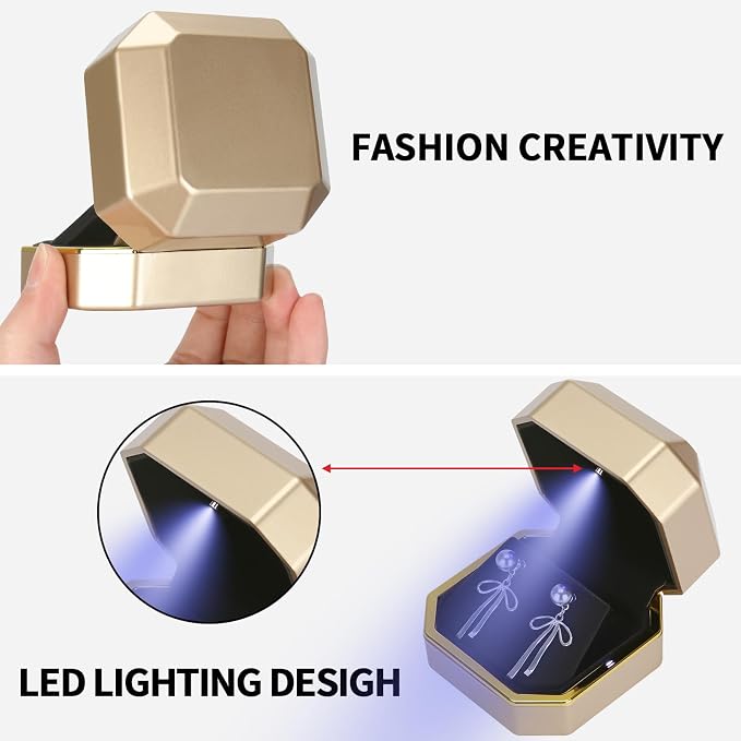 Luxury LED Jewelry Earring Pendant Stud Box, Velvet Earring Necklace Gift Box Storage Case Organizer Holder for Proposal Engagement Wedding Anniversary Birthday Ceremony (Gold) - Image 3
