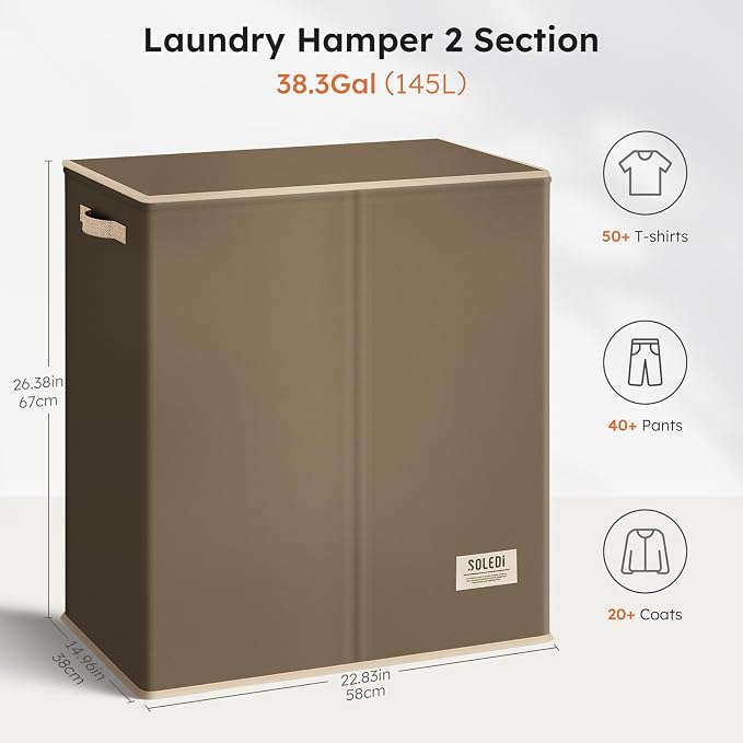 SOLEDI Large Double Laundry Hamper with Lid, Collapsible Clothes Hamper 2 section with Removable Bags, Space-Saving Laundry Basket for Bedroom, Dorm, College - Image 6
