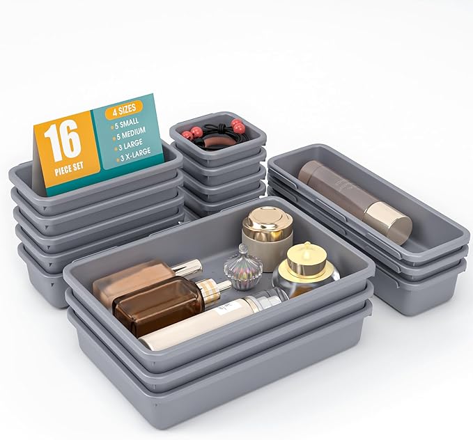 16 PCS Drawer Organizer Set, 4 Size Makeup Drawer Divider Organizer With Non-Slip Pads, Interlocking Plastic Storage Bins for Office,Jewelry Vanity,Gadgets, Bathroom,Kitchen, Grey by StoreHappily