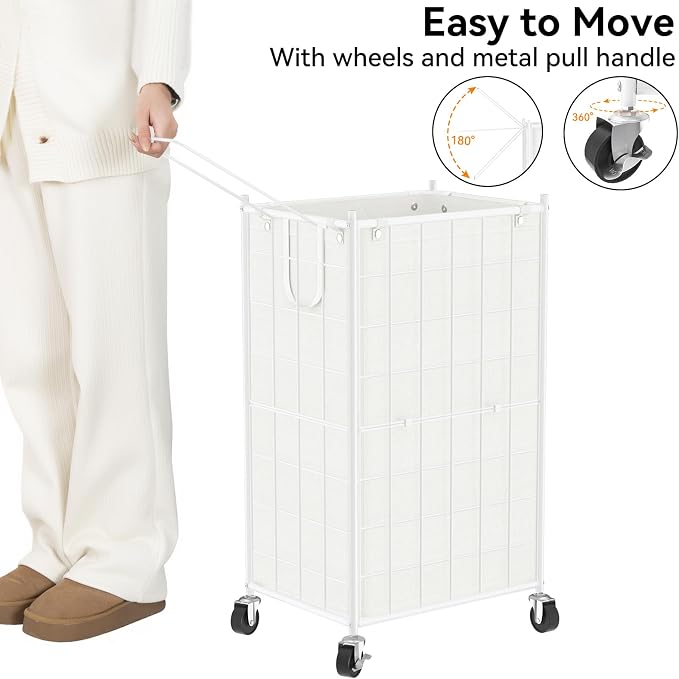 WOWLIVE Laundry Hamper with Wheels,Metal Wire Frame Rolling Laundry Basket with Removable bag,100L Dirty Clothes Hamper Organizer Dorm Room Storage for Bedroom,Bathroom,White - Image 5