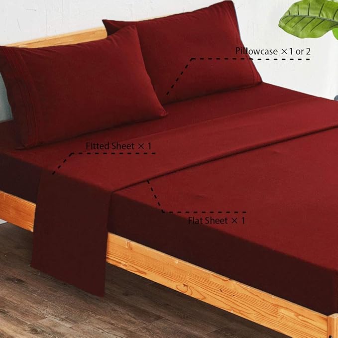 SONORO KATE Bed Sheet Set Super Soft Microfiber 1800 Thread Count Luxury Egyptian Sheets 16-Inch Deep Pocket，Wrinkle and Hypoallergenic-4 Piece (Burgundy, California King)