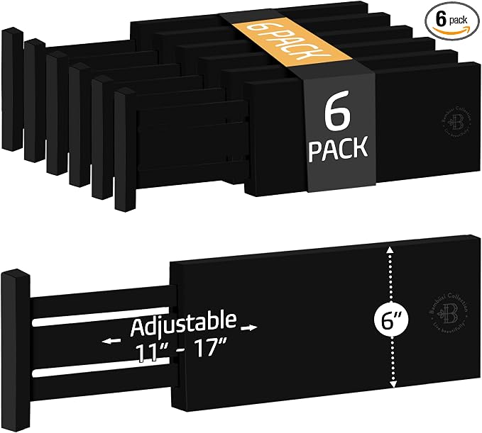 6-Pack Drawer Dividers 6 Inch High, 11”-17" Adjustable Bamboo Organizers Large Expandable Drawer Separators for Cloths, Dresser, Bedroom, Bathroom, Baby Drawer, Office & Kitchen Utensils (Black) by Bamb%C3%BCsi