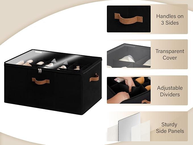 StorageWorks Shoe Organizer for Closet, Fits up to 24 Pairs, Shoe Cubby Storage Containers with Adjustable Dividers and Clear Cover, Black - Image 5