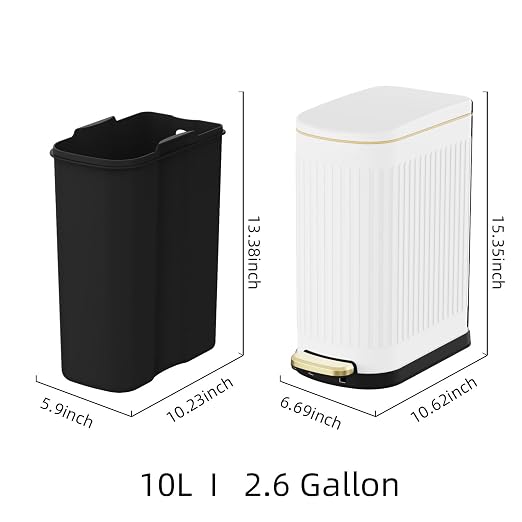 KSSKSS 2.6 Gallon Slim Bathroom Trash Can with Soft Close Lid, 10L Stainless Steel Garbage Can with Removable Liner Bucket, for Narrow Spaces, Bathroom, Bedroom (White) - Image 5