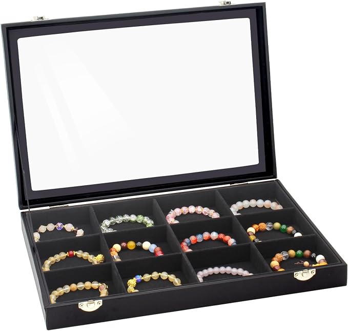 KOOAAICCHI Jewelry Tray Organizer with Clear Lid - 12 Grid Storage Display Case with Lock Earring Ring Organizer Showcase Gifts for Women-Black by KOOAAICCHI