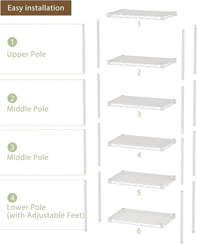 SINGAYE 6 Shelves Storage Shelf Wire Closet Bathroom Organizers Metal Pantry Kitchen Small Garage Shelving Unit Laundry Room Organization Home Corner Rack Estantes para Cocina White 10" Dx16 Wx60”H - Image 5