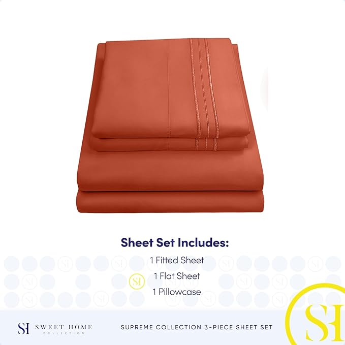 Twin Sheets - Breathable Luxury Sheets with Full Elastic & Secure Corner Straps Built In - 1800 Supreme Collection Extra Soft Deep Pocket Bedding Set, Sheet Set, Twin, Rust