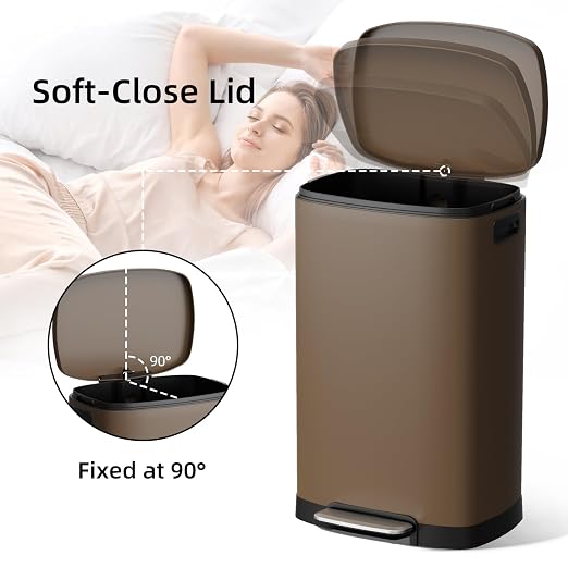 KUK 13 Gallon Kitchen Trash Can with Lid, 50L/13Gal Office Step Garbage Can for Home, Kitchen, Laundry Room, Office, Brushed Stainless Steel, Brown - Image 3