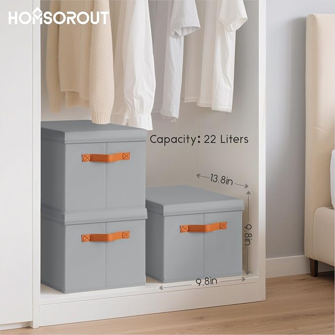 Homsorout Storage Bins with Lids - Fabric Storage Baskets for Shelves, 4 Pack Foldable Decorative Boxes with Handles, Stackable Organizer Bins for Home, Nursery, Dorm, Grey - Image 7