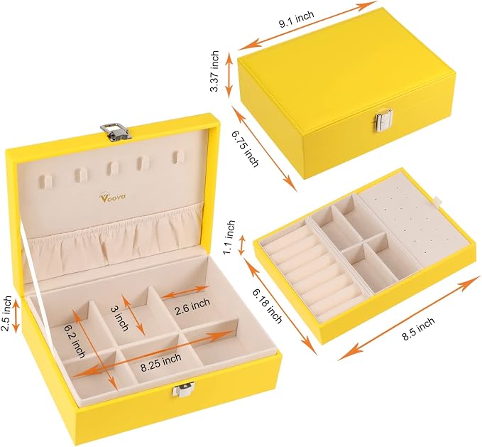 Voova Jewelry Box Organizer for Women Girls, 2 Layer Large Men Jewelry Storage Case, PU Leather Display Jewellery Holder with Removable Tray for Necklace Earrings Rings Bracelets, Vintage Gift, Yellow - Image 6