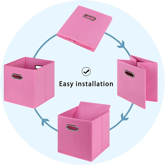 Black Fabric Cubby Storage Bins,13x13x13 Inches ,Cube Organizer Bin Foldable Storage Boxes with Dual Handles Fabric Organizer Box and collapsible Storage basket,Set of 3 ,Pink - Image 6