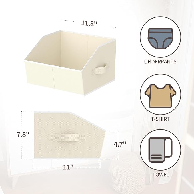 Homsorout Storage Bins for Shelves - Small Trapezoid Closet Shelf Organizer, Fabric Organization Bins with Handles, Storage Baskets for Clothes, Towel, Purse, 6 Pack, Beige - Image 2