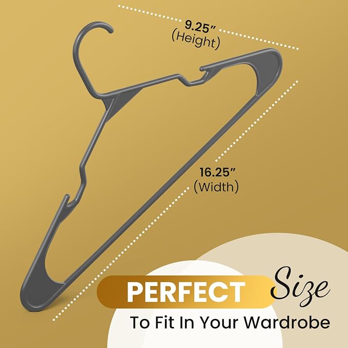 Our Modern Space 100 Pack Plastic Hanger for Shirt Pants Coats Dresses Skirts Suits Jackets - Standard Thick Coat Hanger - Sturdy & Durable Design with Shoulder Grooves Hook - Grey - Image 4