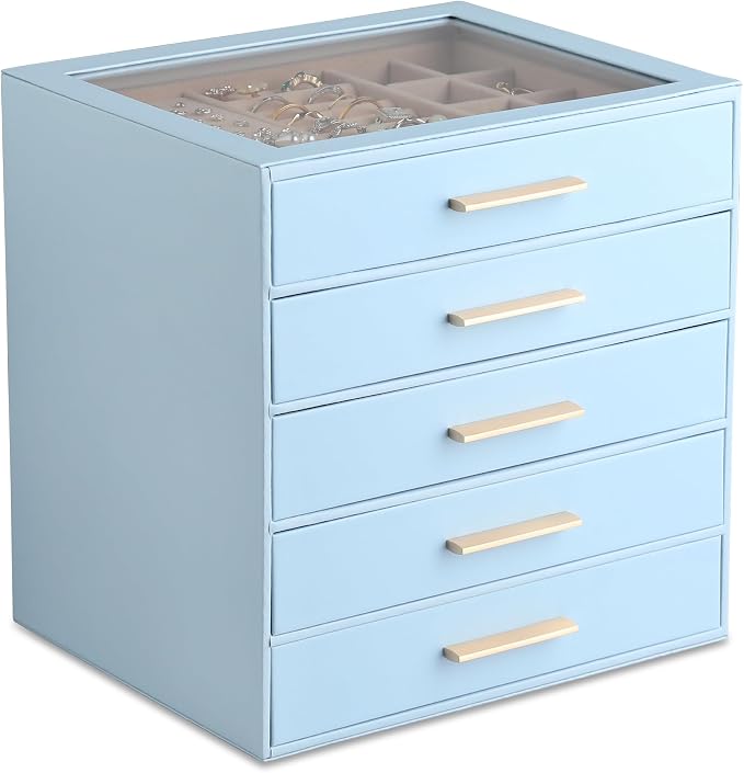 Frebeauty Clear Lid Jewelry Box,5-Layer Jewelry Organizer with Drawer,PU Leather Jewelry Organizers and Storage,Jewelry Boxes for Women,Jewelry Storage for Rings Earring Stud,Gift for Women(Sky Blue) by Frebeauty