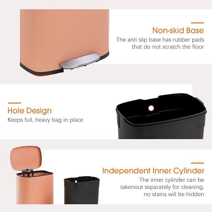 FDW | 13 Gallon Trash Can with Lid | Pink | Fingerprint-Proof | Made of Brushed Stainless Steel | Soft-Close Step Pedal | Hands-Free Use | Easy to Clean | for Kitchen, Office, Bathroom - Image 3