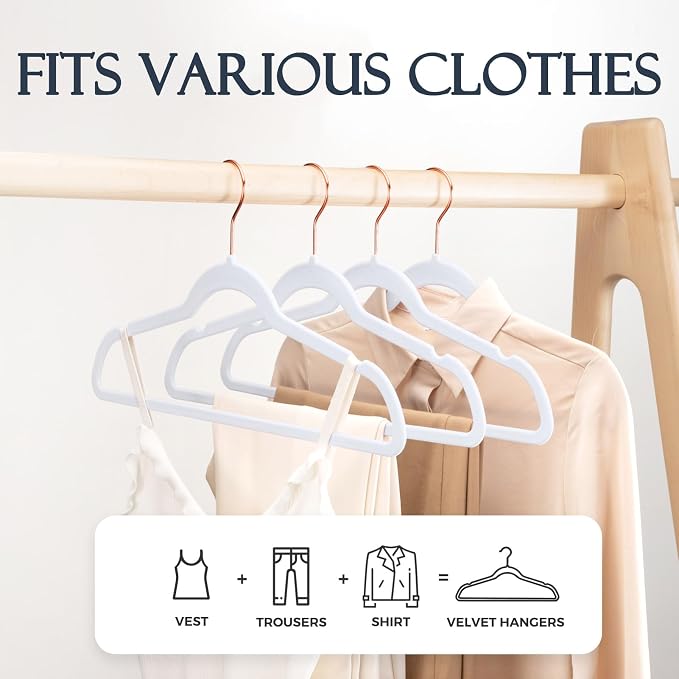 HOUSE DAY White Velvet Hangers 60 Pack, Premium Non-Slip Felt Clothes, Sturdy Heavy Duty Coat, Durable Hangers for Suits, Space Saving with No Hanger Mark, 360° Swivel Rotating Rose Gold Hook - Image 3