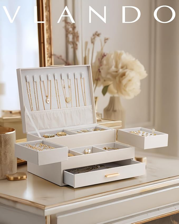 VLANDO 3 Layer Jewelry Box - Women Jewelry Box with Retractable Tray - Jewelry Organizers with Drawer for Necklaces, Rings, Bracelets, Earrings, Valentines Gift for Mom Girls - Cloud White - Image 3