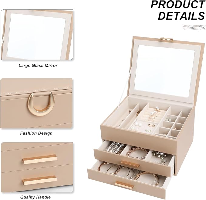 Elegant Gift Jewelry Box with Mirror - 3-Layer Organizer for Earrings, Rings, Necklaces, Ready to Give for Birthday Anniversary Christmas Apricot - Image 4