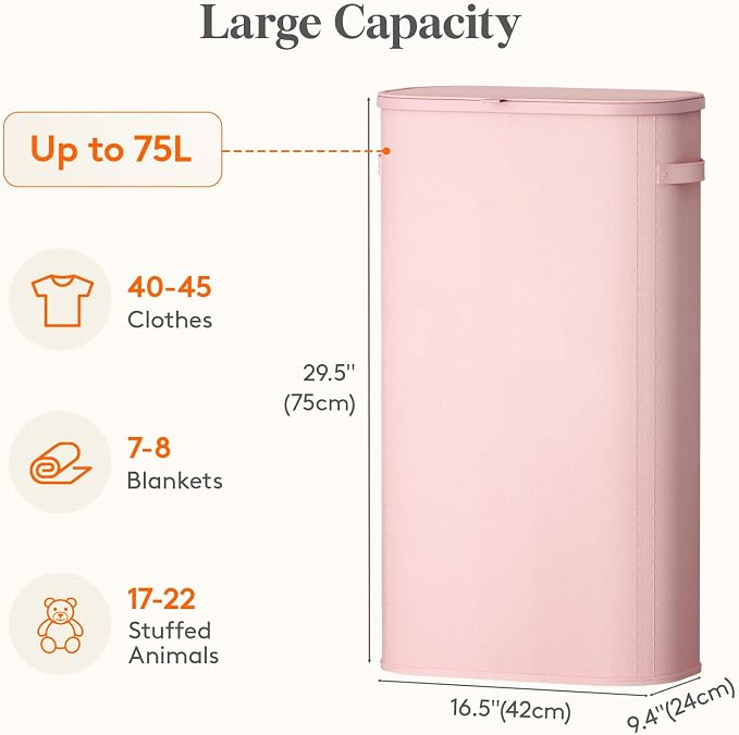 Lifewit Slim Laundry Basket with Lid, Narrow Large Laundry Hamper with Plastic Handles and Removable Bag, Tall Foldable Dirty Clothes Hampers for Laundry Room, Bedroom, Bathroom, Dorm, 75L Pink - Image 3