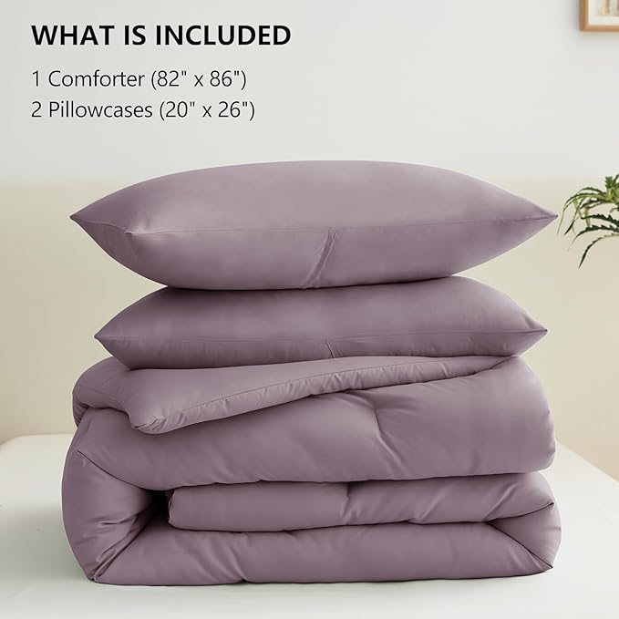 CozyLux Full Size Comforter Set Dusty Purple, 3 Pieces Solid Breathable Bedding Sets, Grayish Purple Luxury Lightweight Soft Bed Set with Down Alternative Comforter and 2 Pillowcases for All Seasons
