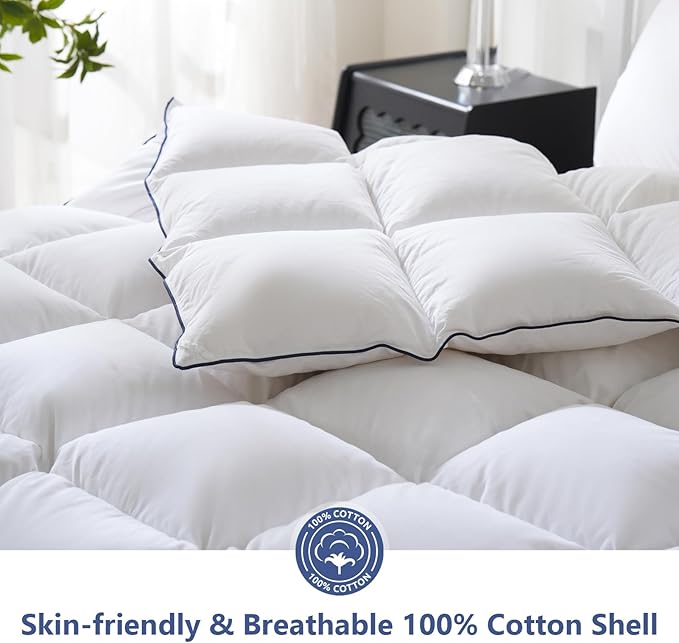 DOWNCOOL Feather Down Fiber Comforter Full Size, 100% Cotton Ultra Soft Fluffy Duvet Insert Full, All Season Luxurious Hotel Bed Comforter with Corner Tabs, White 82 x 86 Inch