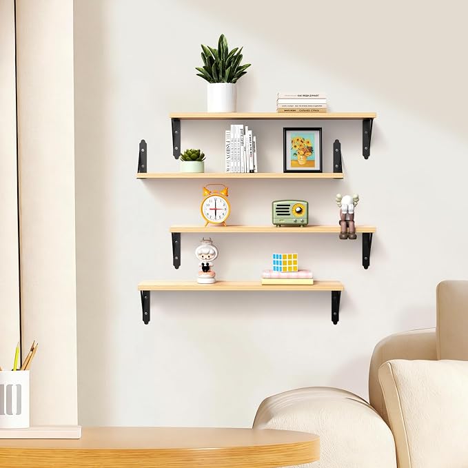 ROMGUAR CRAFT Wood Floating Shelves Set of 4, Rustic Storage Decor Wall Shelves, Wall Mounted Shelf for Living Room, Bedroom 23.6" x 6", Natural - Image 5