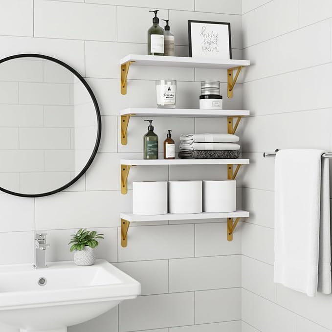 Fixwal White Shelves, Wood Wall Floating Mounted Shelves for Bedroom, Bathroom, Living Room, Kitchen Storage and Decor(White, Set of 4, 16.5 Inch) - Image 6