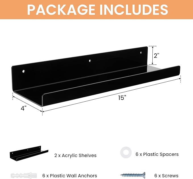 upsimples Acrylic Shelves for Wall Decor, 15" Display Shelf Perfume Organizer for Bathroom, Bedroom, Living Room, Floating Bookshelves for Kids, Black, 2 Pack - Image 3