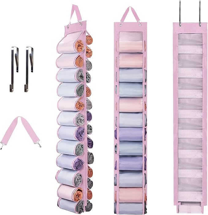 DHSFKBE Legging Organizer Storage, Shirt Organizer, Foldable Hanging Closet Organizer Storage with 26 Roll Independent Compartments for Yoga Pants, Tank Top, Towel, Underwear (Pink) by DHSFKBE