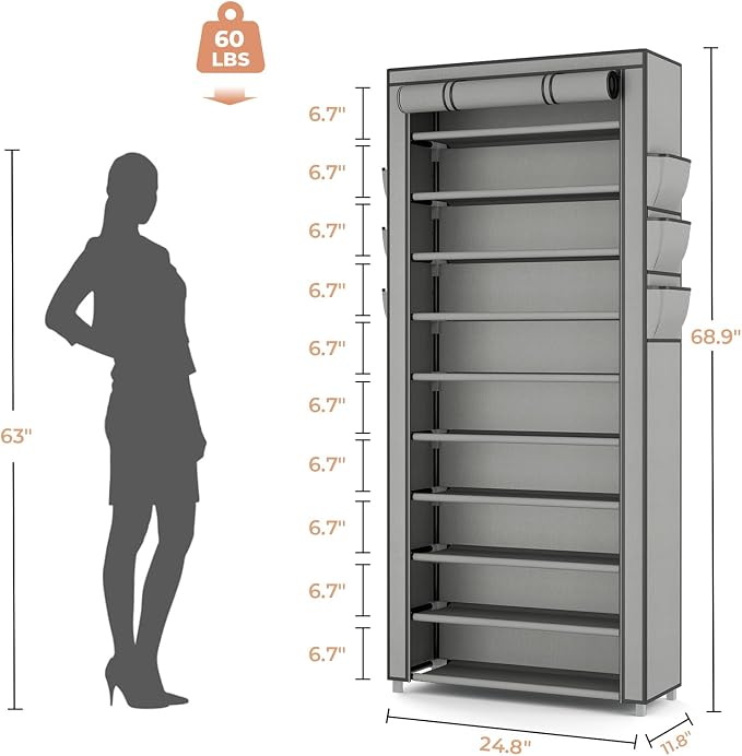 VTRIN Vertical Narrow Shoe Rack Organizer Tall Shoe Rack for Closet Entryway 10 Tier Non-Woven Cover Shoe Shelf Holds 36-41 Pairs Free Standing Shoe Storage Cabinet with Dustproof Cover, Grey - Image 3