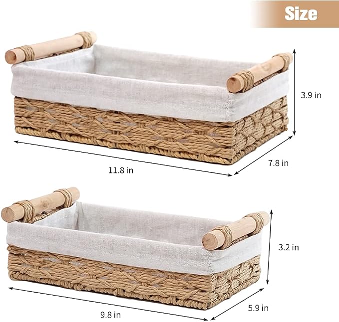 Round Paper Rope Storage Basket, Wicker Baskets for Organizing with Handle, Decorative Bins for Countertop, Toilet Paper Basket for Toilet Tank Top, Small Baskets Set (Set of 2,Beige) - Image 7