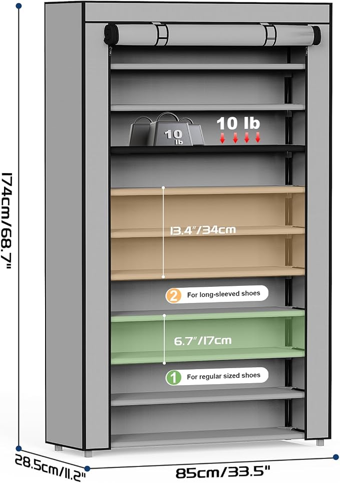 Mavivegue Shoe Rack with Cover, 10+1 Tier Tall Shoe Storage for 50-55 Pairs of Shoes, Shoe Organizer for Entryway, Closet, Garage, Grey - Image 3