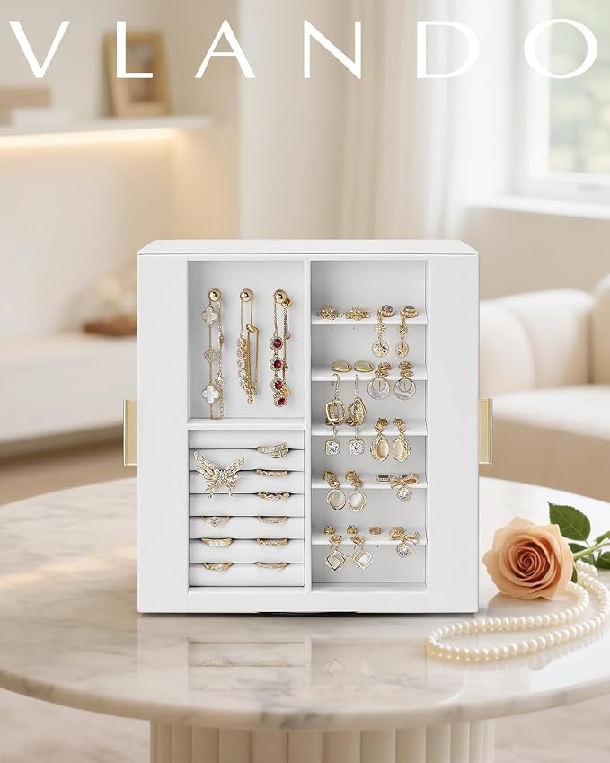 VLANDO 360° Rotating Jewelry Box with 5 Drawers, Large Jewelry Storage with 2 Glass Window, PU Leather Jewelry Organizer for Bracelets, Necklaces, Earrings, Rings - White - Image 2