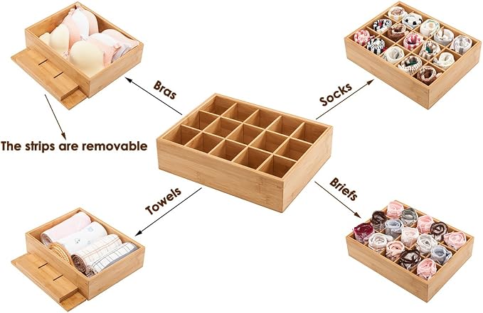 GOBAM Bamboo Closet Drawer Divider - Storage Organizer with 15 Compartments, Drawer Organizer, Storage Box for Belts, Ties, Bras, Briefs, Socks & Jewelry - Natural - Image 5