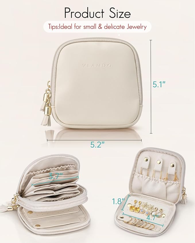 VLANDO Travel Jewelry Case,2-Layer Jewelry Organizer for Travel,Mothers Day Mom Gifts Teacher Gifts,Multi-Compartment Jewelry Storage for Rings Earrings Necklaces Bracelets-Cream White - Image 5