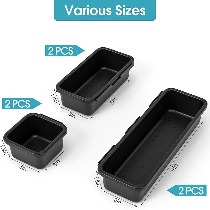 6 PCS Drawer Organizer Set, 3 Size Makeup Drawer Divider Organizer With Non-Slip Pads, Interlocking Plastic Storage Bins for Office,Jewelry Vanity,Gadgets, Bathroom,Kitchen, Black - Image 2