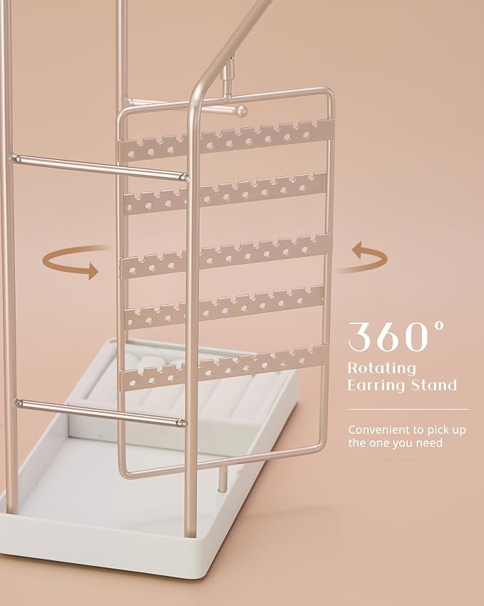ProCase Jewelry Stand Holder Organizer, Jewelry Display Storage with Ring Tray, Rotating Earring Bracelet Necklace Holder, Valentine's Gifts Room Dorm Decor for Teen Girls -Champagne (No-Assembly) - Image 5