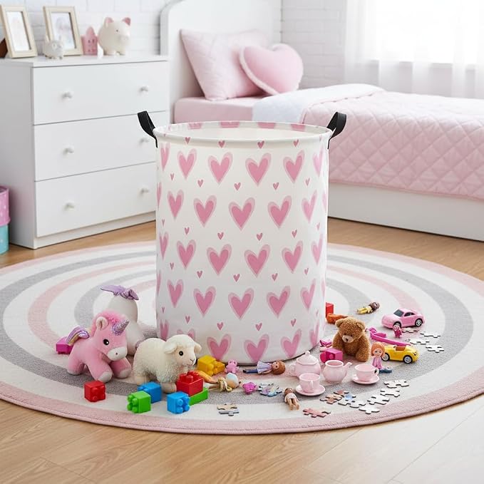 HIYAGON Baby Laundry Basket Baby Hamper for Nursery Girl Kids Butterfly Hamper Cute Kids Toys Storage Bin Organizer Butterfly Room Decor for Home(Pink Hearts) - Image 5