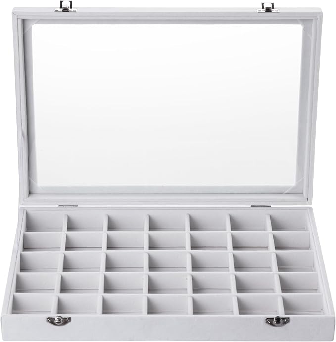 Frebeauty Velvet Jewelry Tray,35 Grid Jewelry Organizer with Clear Lid,Earring Holder Organizer Case with Clasp,Drawer Insert for Rings Studs,13.8 x 9.5 x 2 Inches,Gift for Women Girls(White) - Image 2