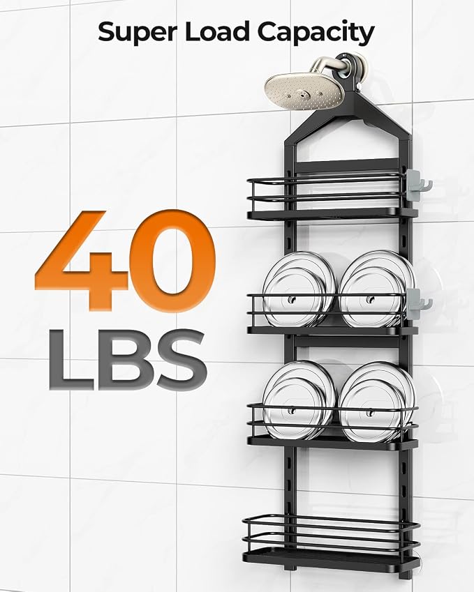 ODesign 4 Tier Height-Adjustable Shower Caddy Hanging Anti-Swing-Over The Shower Head Caddy-Sho wer Storage Organizer Bathroom Shelves Basket Caddies-Black - Image 7