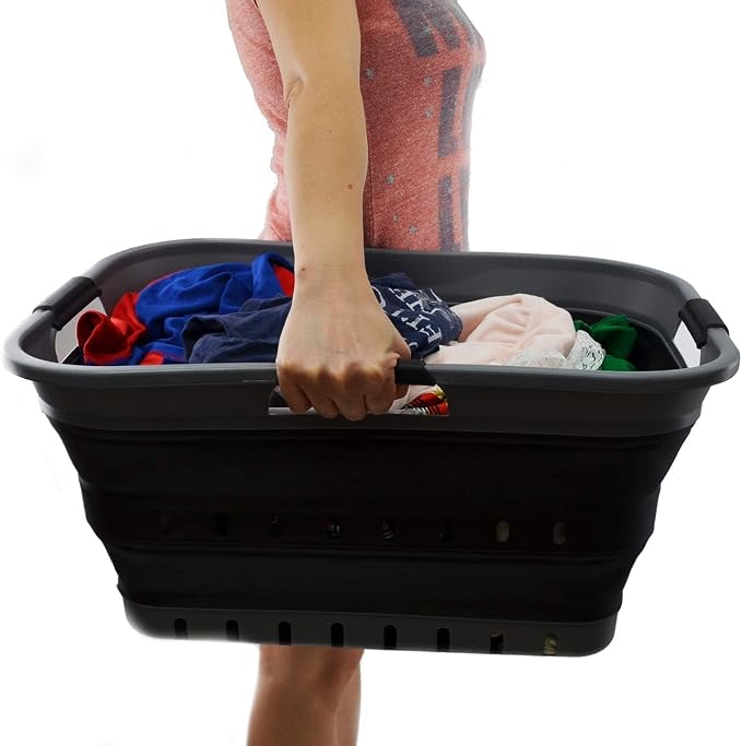 SAMMART 42L Collapsible Plastic Laundry Basket - Foldable Pop Up Storage Container/Organizer - Space Saving Hamper/Basket (1, Grey/Black) - Image 7