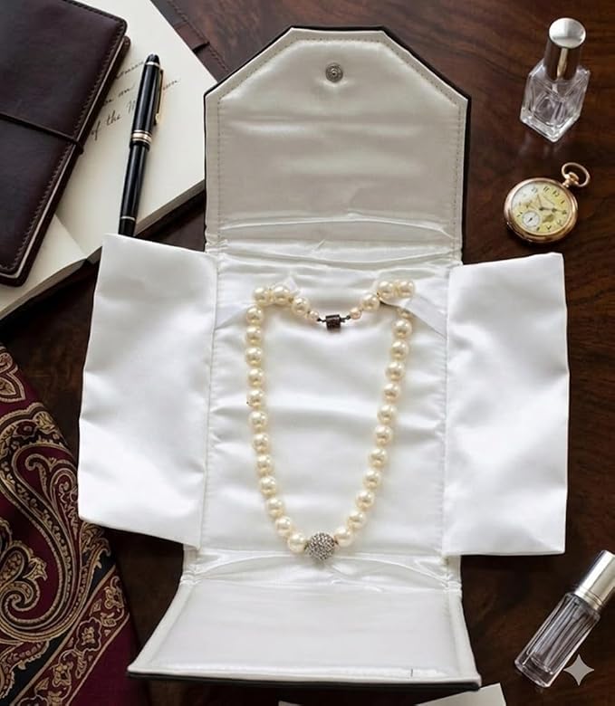 Novel Box Necklace Display Pearl Folder 7x5 inch Small Travel Jewelry Case - Wedding Jewelry Storage Holder with Smooth Finish - Jewelry Organizer Necklace Box - Black/White Stitched - Image 2