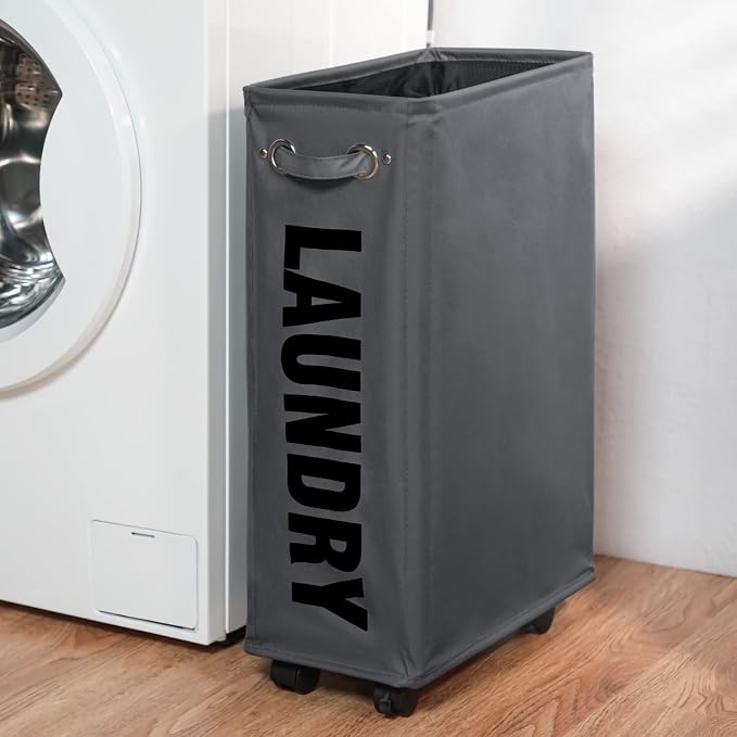 DOKEHOM 25-Inches Slim Laundry Basket on Wheels, Collapsible Rolling Laundry Hamper, Foldable Narrow Corner Clothes Storage Bins (Dark Grey) - Image 7
