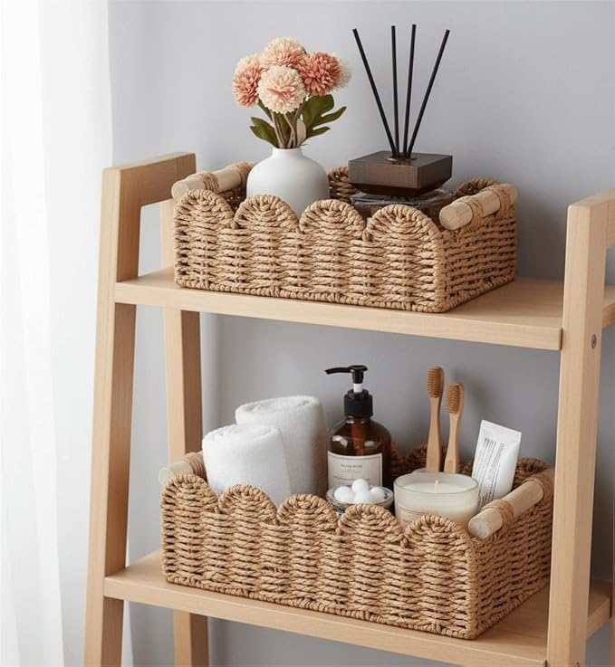 CubesLand Toilet Paper Storage Organizer Basket, Scalloped Decorative Baskets for Over Toilet Shelves, Wicker Small Basket Perfect for Home Countertop Storage & Decor, Living Room Shelf Decor, Neutral - Image 2