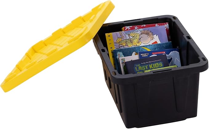 Plastic 5-Gallon Storage Tote with Lockable Lid, Stackable Tough Regular-Duty Bin for Garage, Tools, and Home Organization (2-Pack) - Black and Yellow - Image 2