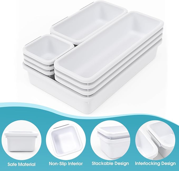 10 PCS Drawer Organizer Set, 4 Size Makeup Drawer Divider Organizer With Non-Slip Pads, Interlocking Plastic Storage Bins for Office,Jewelry Vanity,Gadgets, Bathroom,Kitchen, White - Image 3