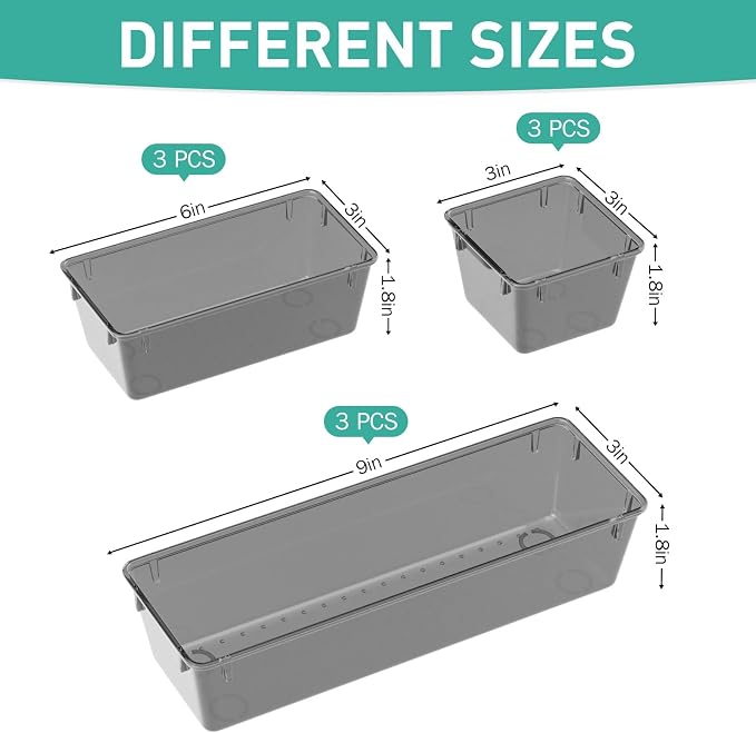 WOWBOX 9 Pack Clear Drawer Organizer Set, Acrylic Drawer Storage Trays, Storage Bins for Makeup, Cosmetics, Jewelries, Utensils, Gadgets, Office, Black - Image 2