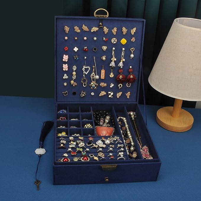 Women Jewelry Box Lockable 3 Layers Large Jewelry Organizer Storage Case for Earrings Necklaces Rings Bracelets,Green Display Jewel Holder (Navy) - Image 3