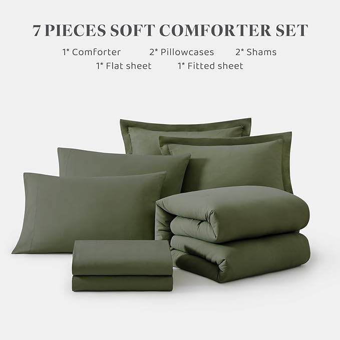 WRENSONGE California King Size Comforter Sets, 7 Pieces Olive Green Bed in a Bag with Fitted Sheet, Flat Sheet, 2 Pillow Shams, 2 Pillowcases, Warm Bedding Sets for All Season