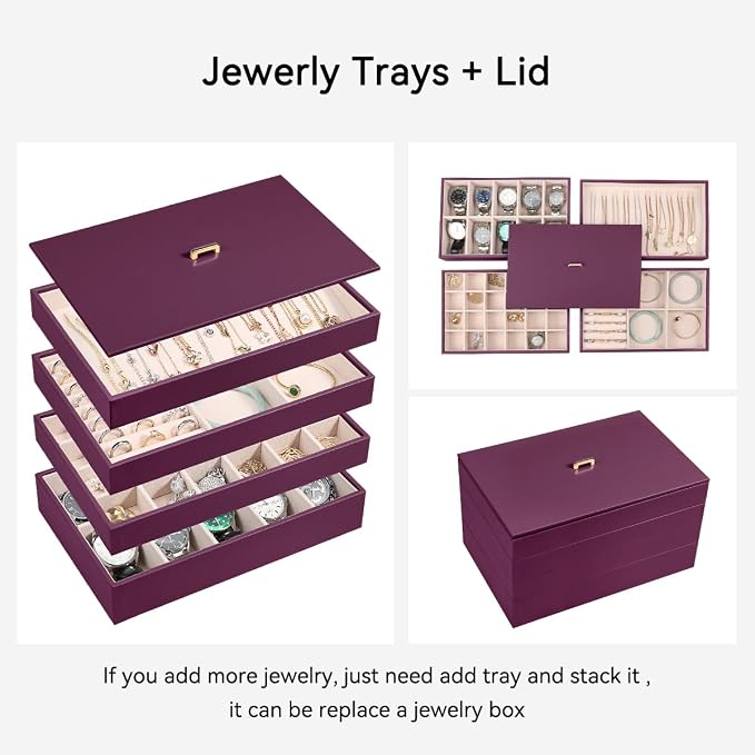 Voova Stackable Jewelry Organizer Tray with Lid, PU Leather Jewelry Storage Holder for Drawer Inserts, Jewellery Display Box Case for Earring Necklace Ring Watch Bracelet (Set of 4, Purple) - Image 3
